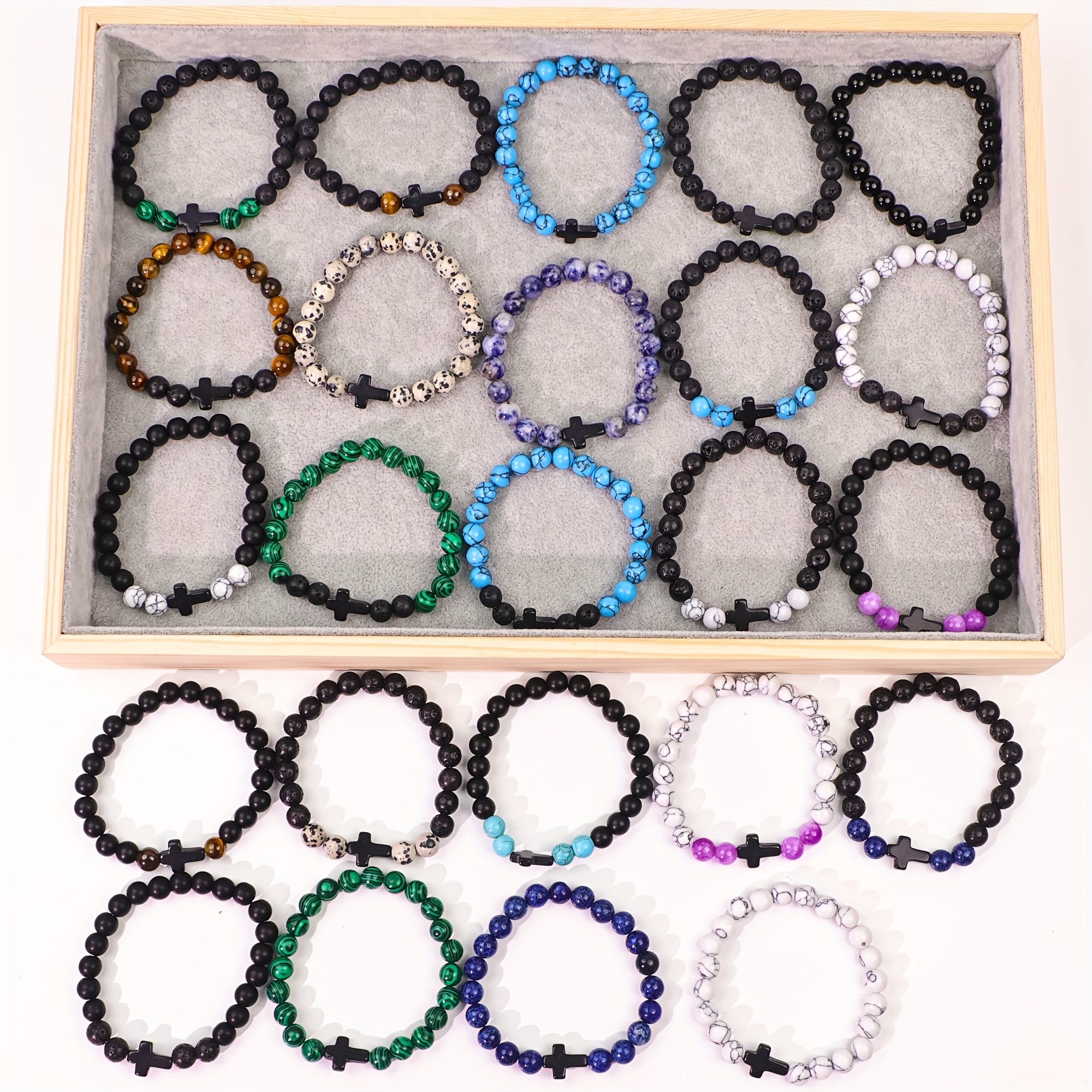 Couple Cross Bracelet, 8mm Black and White Stones